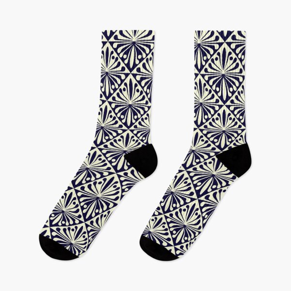Item preview, Geometric abstract floral diamonds in dark navy and cream designed and sold by Jennifer Ladd.
