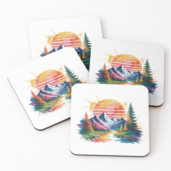 Item preview, Retro Synthwave Mountain River Watercolor Art designed and sold by Polarisofficial.