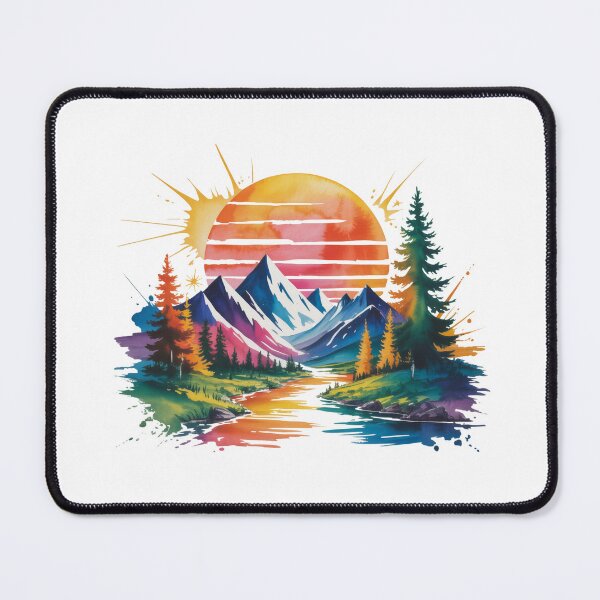 Item preview, Retro Synthwave Mountain River Watercolor Art designed and sold by Polarisofficial.