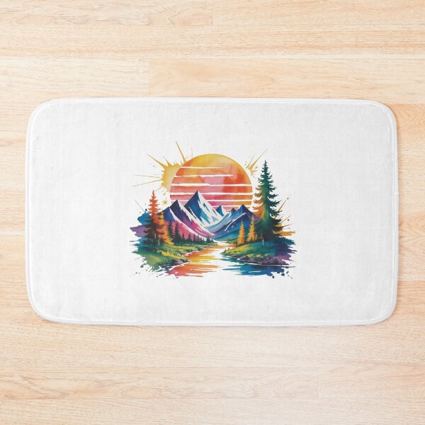Item preview, Retro Synthwave Mountain River Watercolor Art designed and sold by Polarisofficial.