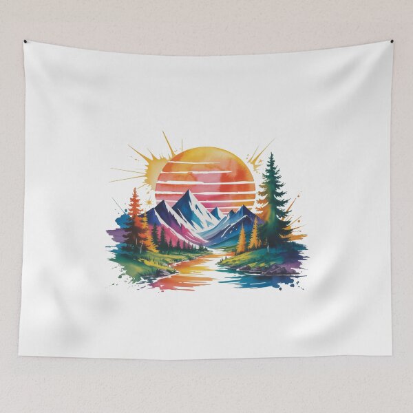 Item preview, Retro Synthwave Mountain River Watercolor Art designed and sold by Polarisofficial.