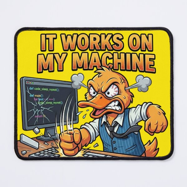 Item preview, It Works On My Machine – Angry Developer Duck Coding Meme | Funny Programmer Debugging Humor designed and sold by Yesss-Mau.