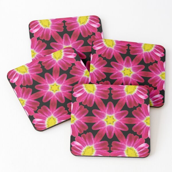 Aperçu de l'œuvre Pink Daisy Kaleidoscope on Black – Bold Floral Pattern créée et vendue par SilentBloomLab.