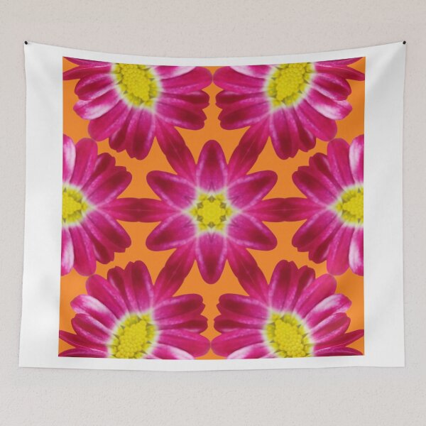 Aperçu de l'œuvre Pink Daisy Kaleidoscope on Orange – Bold Summer Floral Pattern créée et vendue par SilentBloomLab.