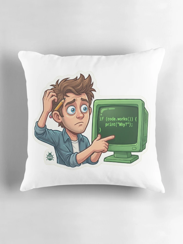 Thumbnail 3 of 4, Pillow, Funny Programmer Code Works Why Debugging Humor designed and sold by AkDesign022.