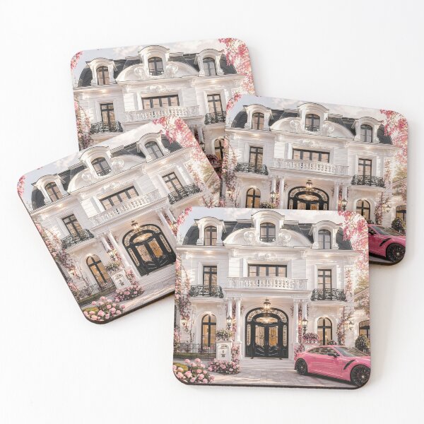Item preview, Luxury Pink Villa Exterior with Car and Flowers designed and sold by AiHouses.