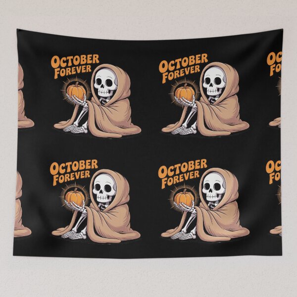 Item preview, October Forever Skeleton Holding Pumpkin – Cozy Spooky Halloween T-Shirt designed and sold by Raw Tigers.
