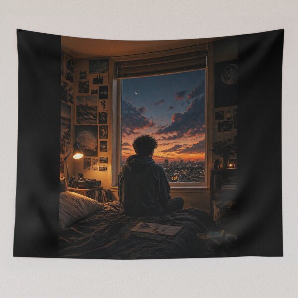 Item preview, Dreamer Teen Bedroom Window at Sunset – Moody Urban Night Aesthetic Poster designed and sold by DrizzyV.