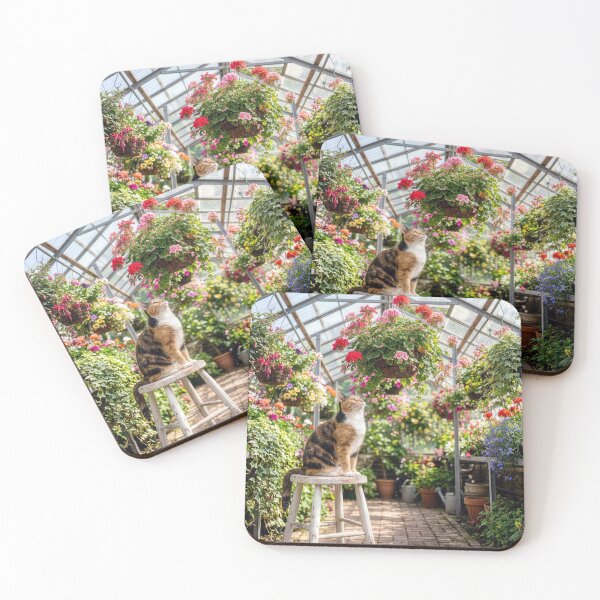 Item preview, Calico Cat on a Stool in a Greenhouse designed and sold by Maria Dryfhout.