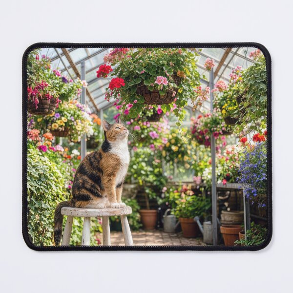 Item preview, Calico Cat on a Stool in a Greenhouse designed and sold by Maria Dryfhout.