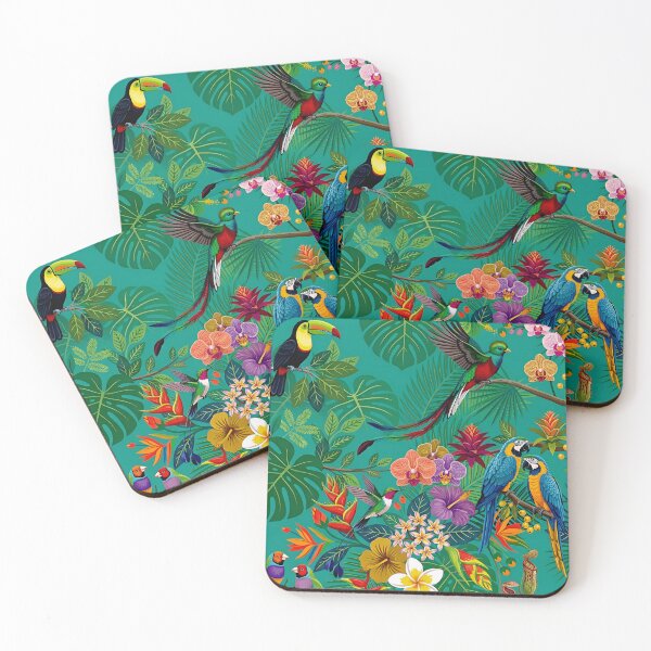 Item preview, Colorful Tropical Birds Pattern with Toucan, Parrots, Hummingbird & Orchids on Teal Green Background – Exotic Jungle Botanical Design designed and sold by Soulprint Art.