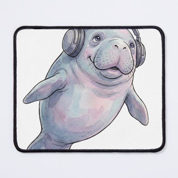 Item preview, Watercolor Manatee Headphones Print Wildlife Illustration designed and sold by Tranquillatee.