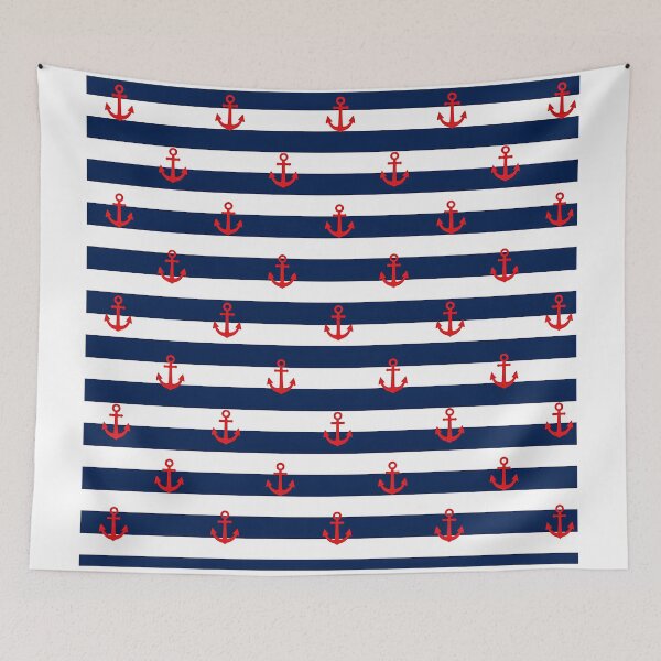 Item preview, Nautical Stripes Red Anchor Pattern Navy Coastal Design designed and sold by AnnSign.