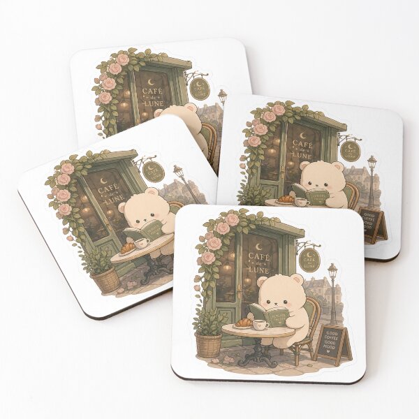 Item preview, Cute Kawaii Teddy Bear in Moon Coffee Reading Book - Good Coffee Good Mood Aesthetic Sticker designed and sold by FluffiPopo.