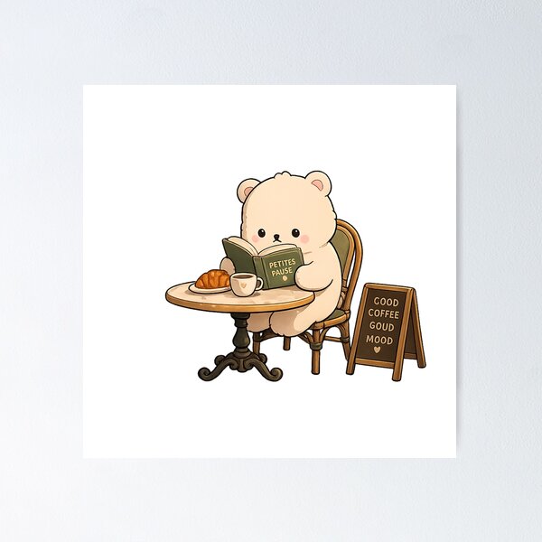 Item preview, Cute Kawaii Teddy Bear in Moon Coffee Reading Book - Good Coffee Good Mood Aesthetic Sticker designed and sold by FluffiPopo.