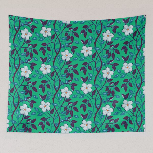 Item preview, Climbing flower vines on teal green designed and sold by Jennifer Ladd.