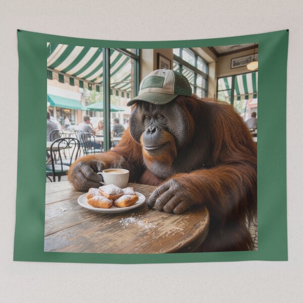 Item preview, Orangutan Loves Beignets and Coffee in French Quarter designed and sold by Tridentulus.