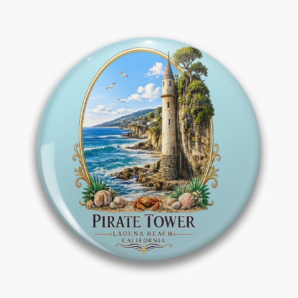 Item preview, Pirate Tower Laguna Beach California Coastal Emblem – Vintage Ocean Cliff Logo with Crab & Seashells designed and sold by DarlingCharlene.