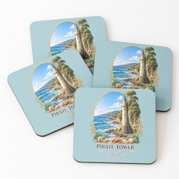 Item preview, Pirate Tower Laguna Beach California Coastal Emblem – Vintage Ocean Cliff Logo with Crab & Seashells designed and sold by DarlingCharlene.
