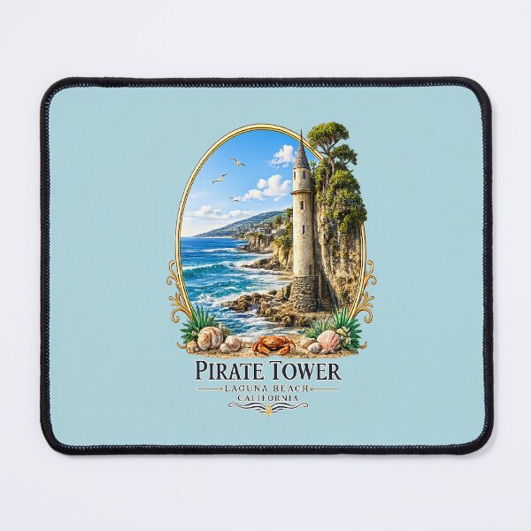 Item preview, Pirate Tower Laguna Beach California Coastal Emblem – Vintage Ocean Cliff Logo with Crab & Seashells designed and sold by DarlingCharlene.