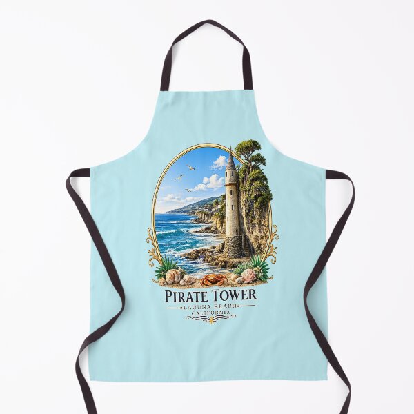 Item preview, Pirate Tower Laguna Beach California Coastal Emblem – Vintage Ocean Cliff Logo with Crab & Seashells designed and sold by DarlingCharlene.