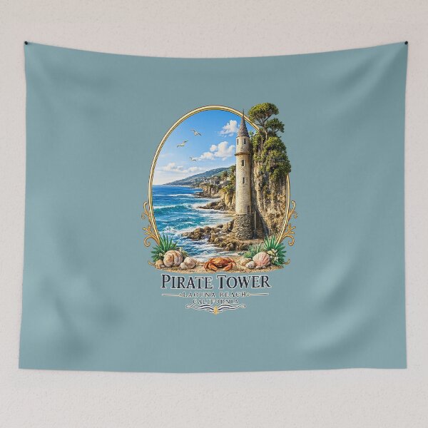 Item preview, Pirate Tower Laguna Beach California Coastal Emblem – Vintage Ocean Cliff Logo with Crab & Seashells designed and sold by DarlingCharlene.