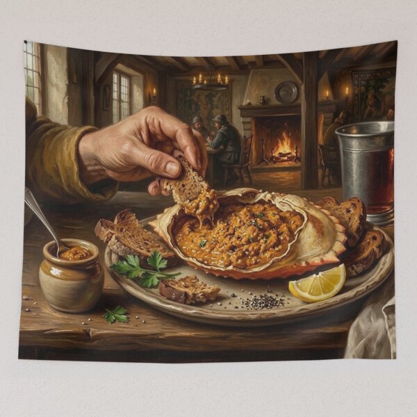 Item preview, Appetizing Crab Liver Meal with Sides and Rustic Setting designed and sold by Uniqueartai.