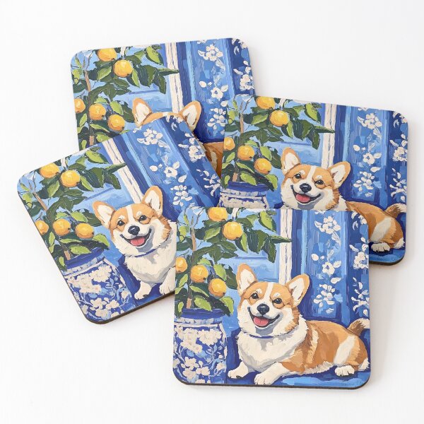 Item preview, Preppy Corgi and lemon tree in ginger jar designed and sold by SophieClimaArt.