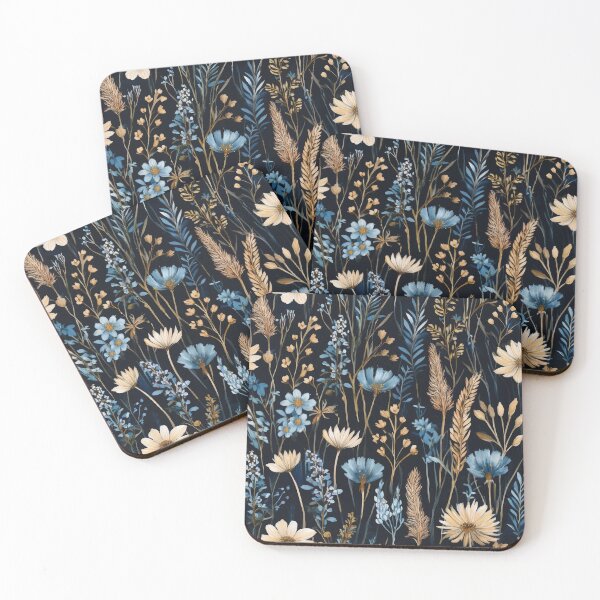 Item preview, Seamless WILDFLOWERS blue pastel and beige leafy botanicals watercolor leaves painting vintage spring theme on black background  designed and sold by navitalidesign.