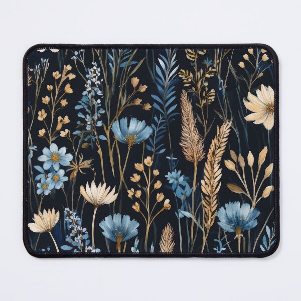 Item preview, Seamless WILDFLOWERS blue pastel and beige leafy botanicals watercolor leaves painting vintage spring theme on black background designed and sold by navitalidesign.