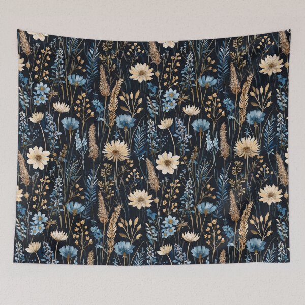 Item preview, Seamless WILDFLOWERS blue pastel and beige leafy botanicals watercolor leaves painting vintage spring theme on black background  designed and sold by navitalidesign.