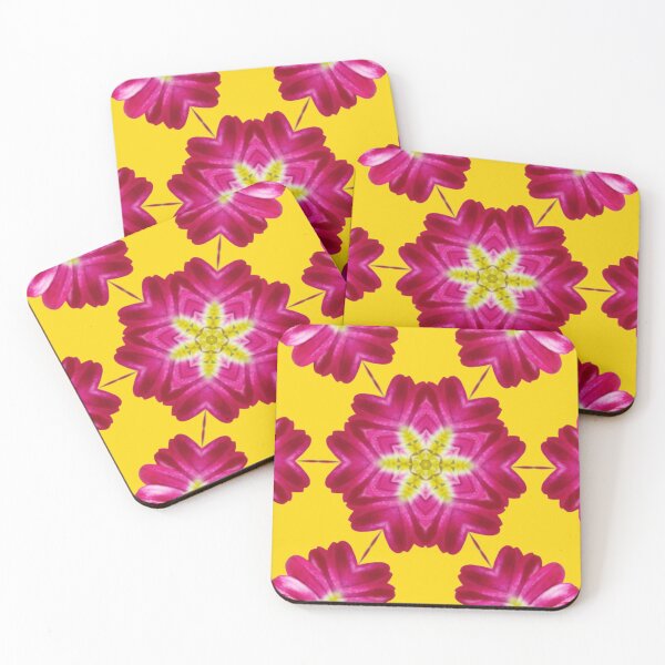 Aperçu de l'œuvre Pink Floral Star Kaleidoscope on Yellow – Bright Bold Pattern créée et vendue par SilentBloomLab.