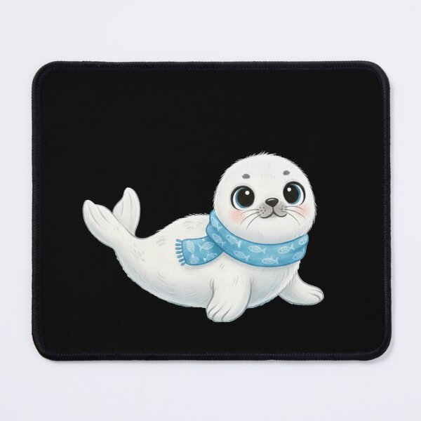 Item preview, Adorable Baby Harp Seal Wearing a Blue Fish Pattern Scarf designed and sold by Owcomm.