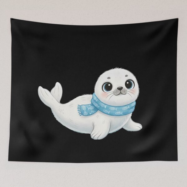 Item preview, Adorable Baby Harp Seal Wearing a Blue Fish Pattern Scarf designed and sold by Owcomm.