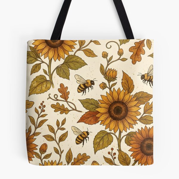 Item preview, Autumn Sunflower & Bee Pattern on Cream Background – Rustic Fall Floral with Golden Yellow, Burnt Orange & Earthy Leaves Seamless Design designed and sold by Soulprint Art.
