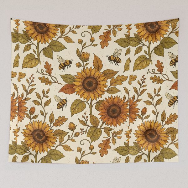 Item preview, Autumn Sunflower & Bee Pattern on Cream Background – Rustic Fall Floral with Golden Yellow, Burnt Orange & Earthy Leaves Seamless Design designed and sold by Soulprint Art.