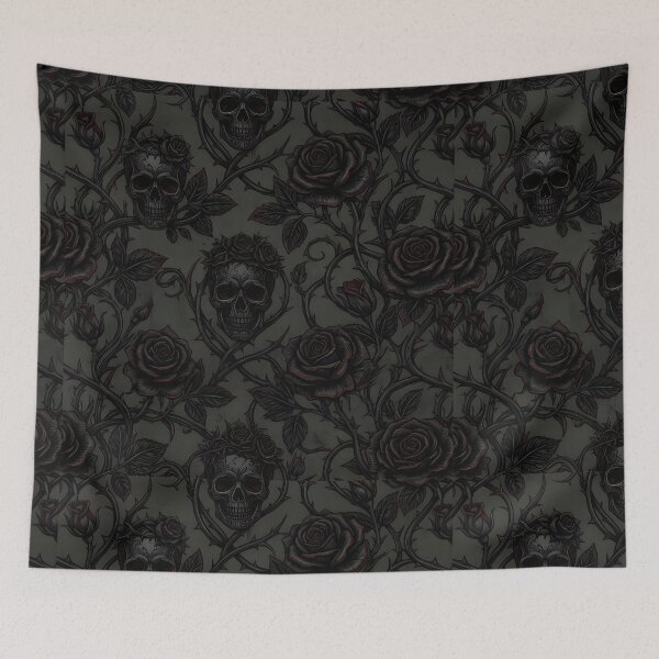 Item preview, Gothic Skull & Dark Rose Pattern on Black Background – Moody Floral with Deep Red Accents, Thorn Vines & Vintage Gothic Seamless Design designed and sold by Soulprint Art.