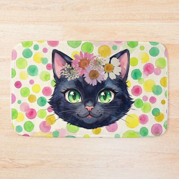 Item preview, Whimsical Black Cat with Floral Crown and Watercolor Dots Illustration designed and sold by VibranPalette.