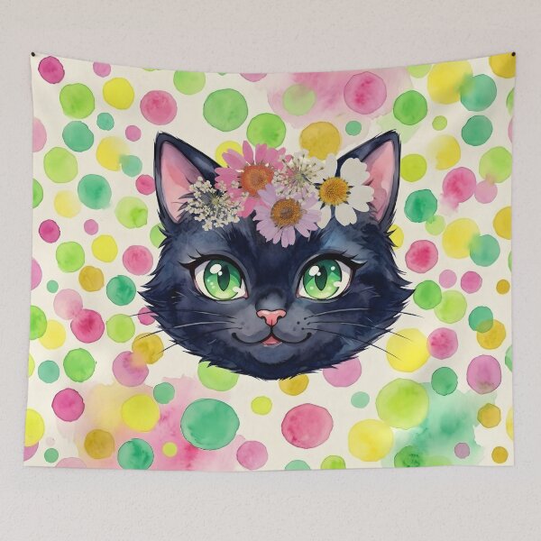 Item preview, Whimsical Black Cat with Floral Crown and Watercolor Dots Illustration designed and sold by VibranPalette.