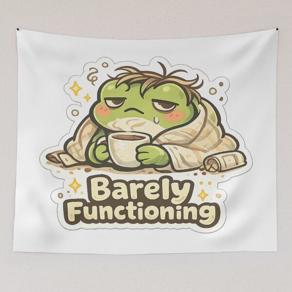 Item preview, Barely Functioning Frog Sticker – Cute Tired Frog with Coffee, Kawaii Aesthetic designed and sold by InkWanderStudio.