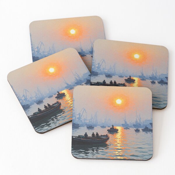 Item preview, Harbor Sunset Boats Industrial Seascape Painting designed and sold by PixorStudio.