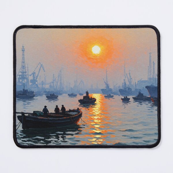 Item preview, Harbor Sunset Boats Industrial Seascape Painting designed and sold by PixorStudio.