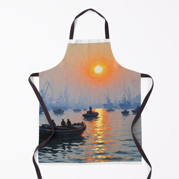 Item preview, Harbor Sunset Boats Industrial Seascape Painting designed and sold by PixorStudio.