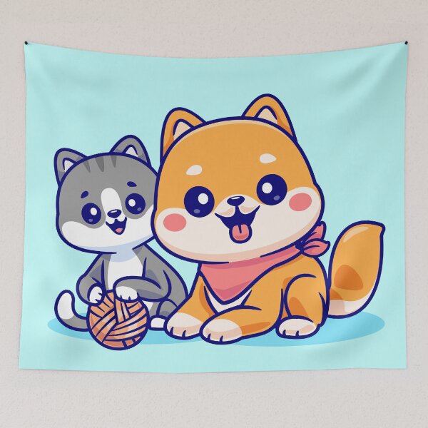 Item preview, cute-cat-shiba-inu-dog-playing-yarn-ball-cartoon-vector-icon-illustration-animal-nature-flat designed and sold by hjian8219.