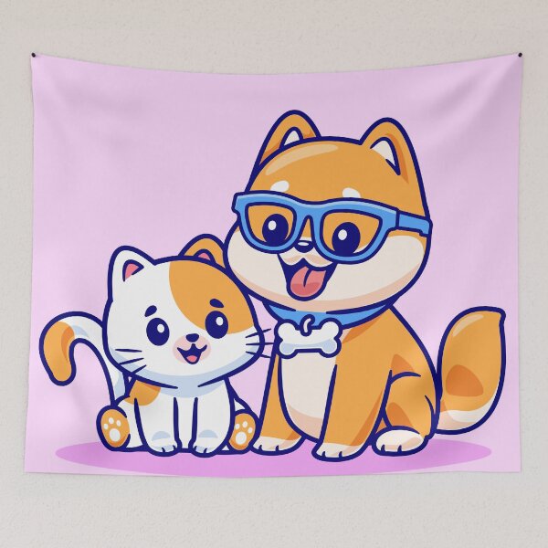 Item preview, cute-cat-shiba-inu-dog-playing-yarn-ball-cartoon-vector-icon-illustration-animal-nature-flat designed and sold by hjian8219.