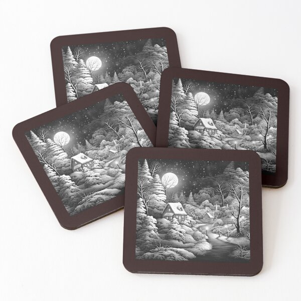 Item preview, Moonlit Winter Cabin Black and White Snowy Landscape Illustration designed and sold by inkoutninja.