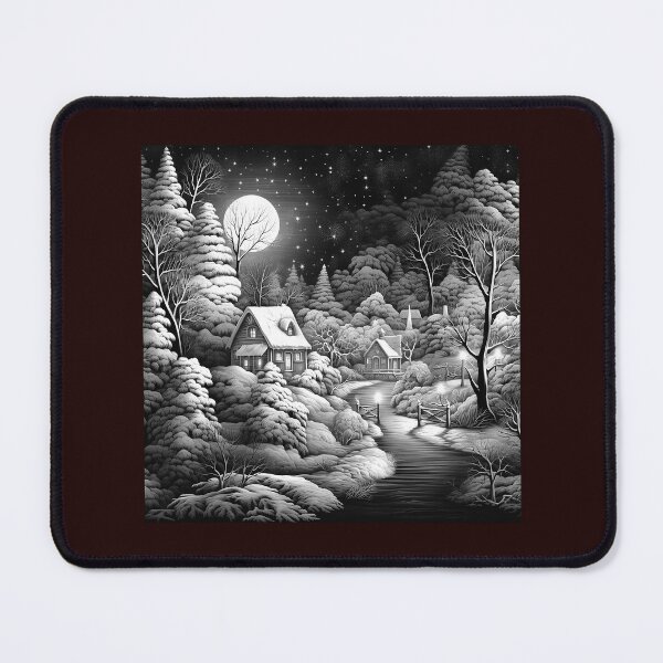 Item preview, Moonlit Winter Cabin Black and White Snowy Landscape Illustration designed and sold by inkoutninja.