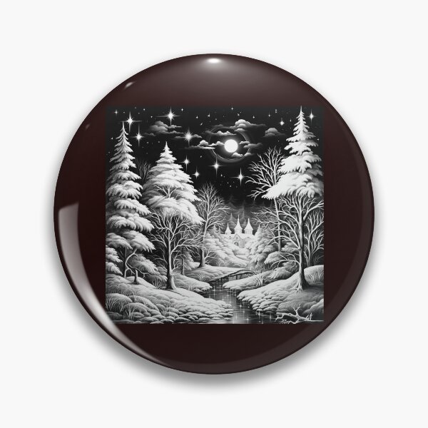 Item preview, Moonlit Snowy Forest Village Black and White Winter Illustration designed and sold by inkoutninja.