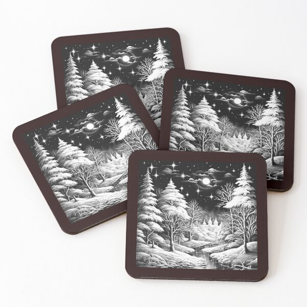 Item preview, Moonlit Snowy Forest Village Black and White Winter Illustration designed and sold by inkoutninja.