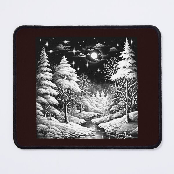Item preview, Moonlit Snowy Forest Village Black and White Winter Illustration designed and sold by inkoutninja.